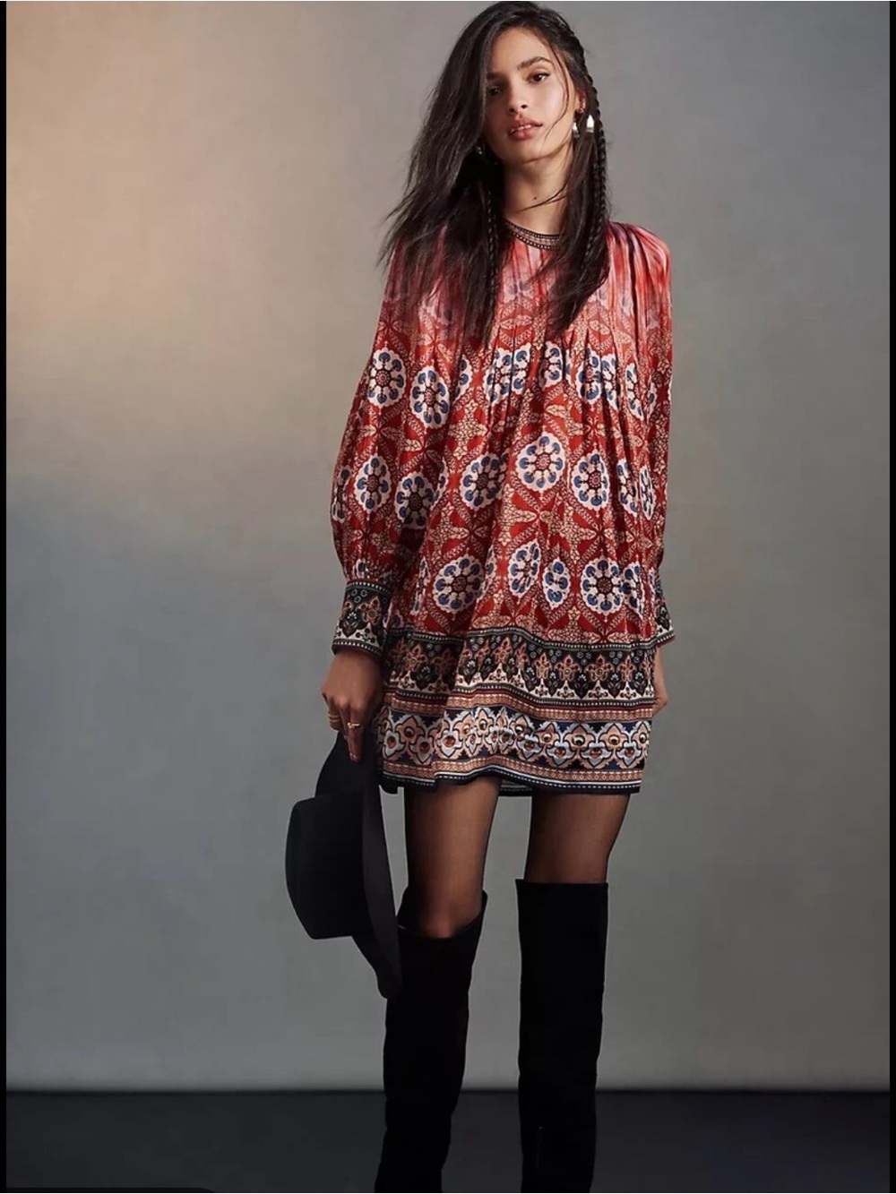 ANTHROPOLOGIE Tanvi Red Printed Boho Long-Sleeve Mini Dress. Xs